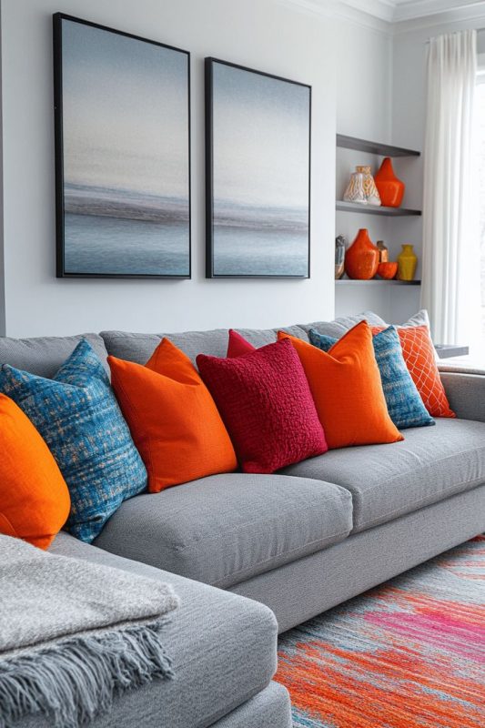 ست کردن مبل طوسی با رنگ های گرم