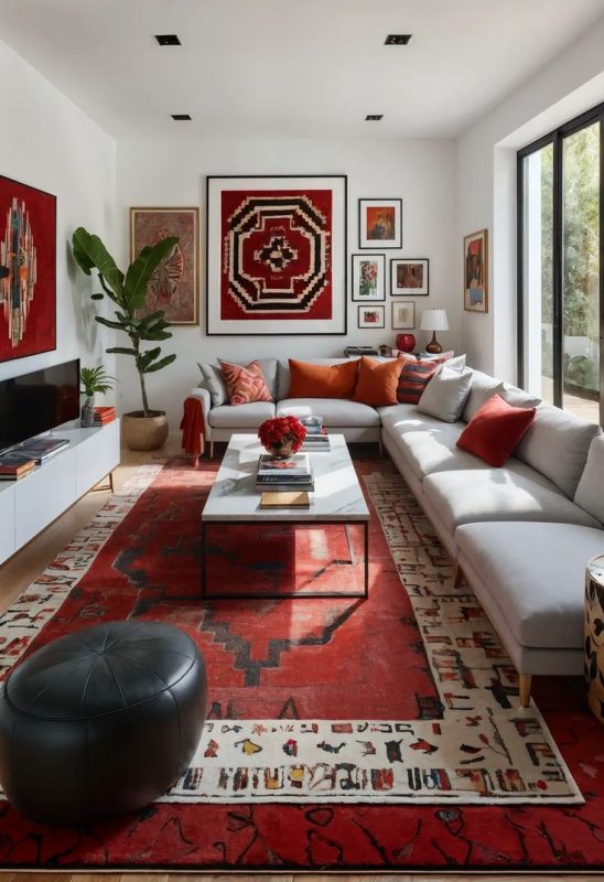 ست کردن مبل طوسی با فرش قرمز