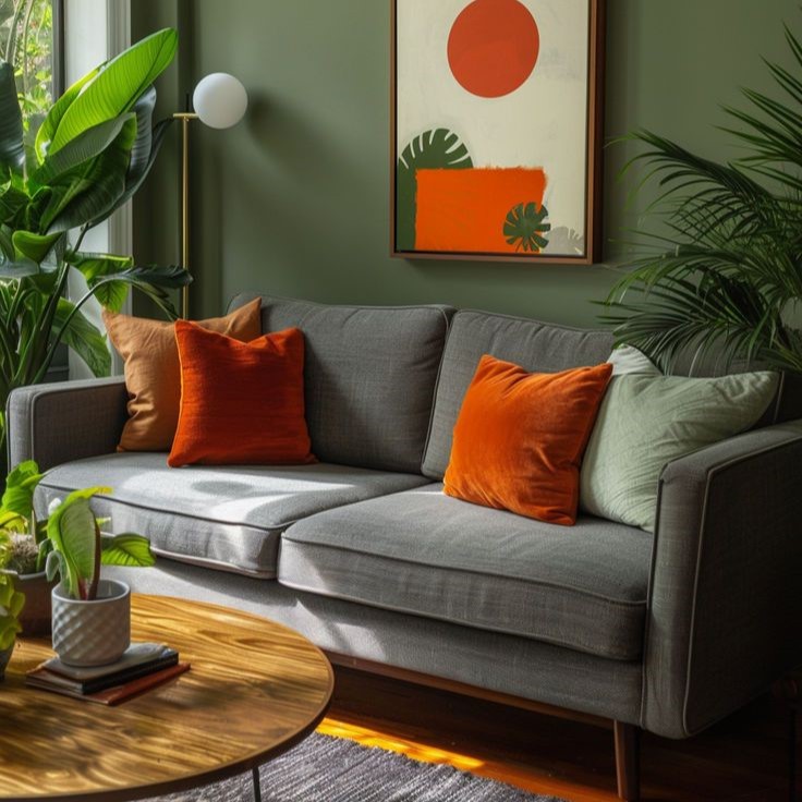 مبل طوسی با کوسن نارنجی