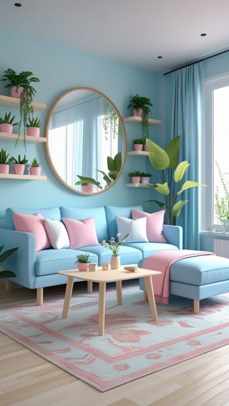 مبلمان راحتی با رنگ آبی پاستلی