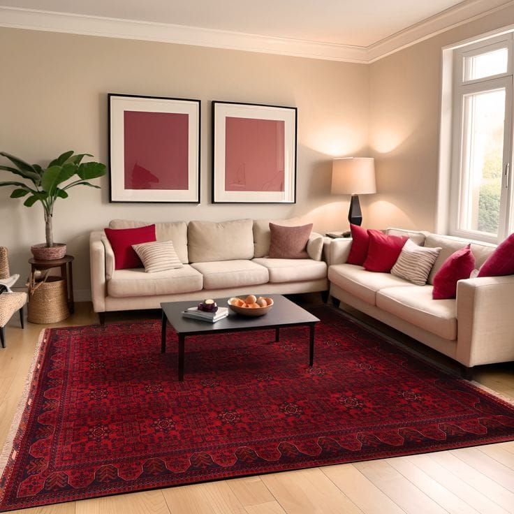 فرش قرمز با مبل کرم