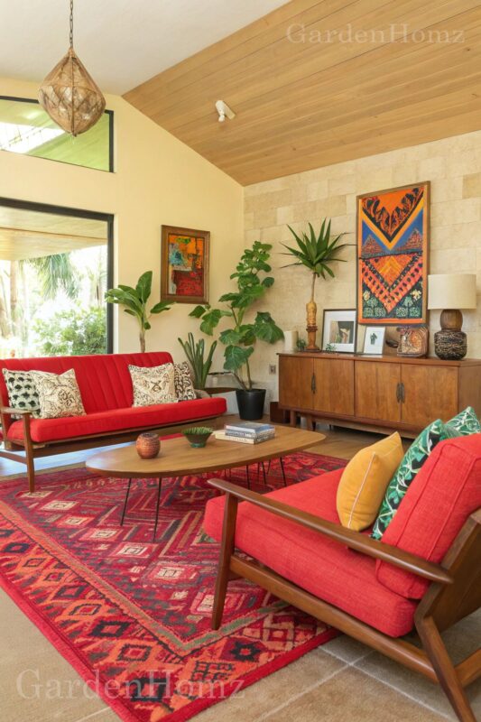 ترکیب دکور چوب و فرش قرمز