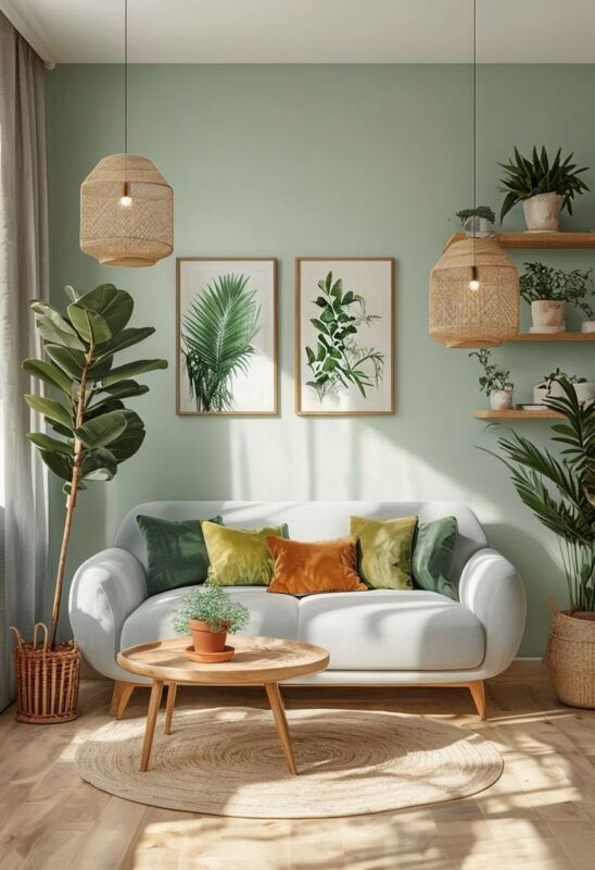 لوسترهای حصیری در دکوراسیون سبز و کرم