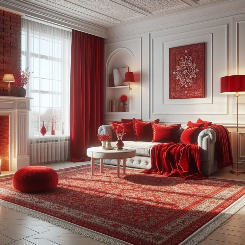 فرش قرمز با مبل کرم