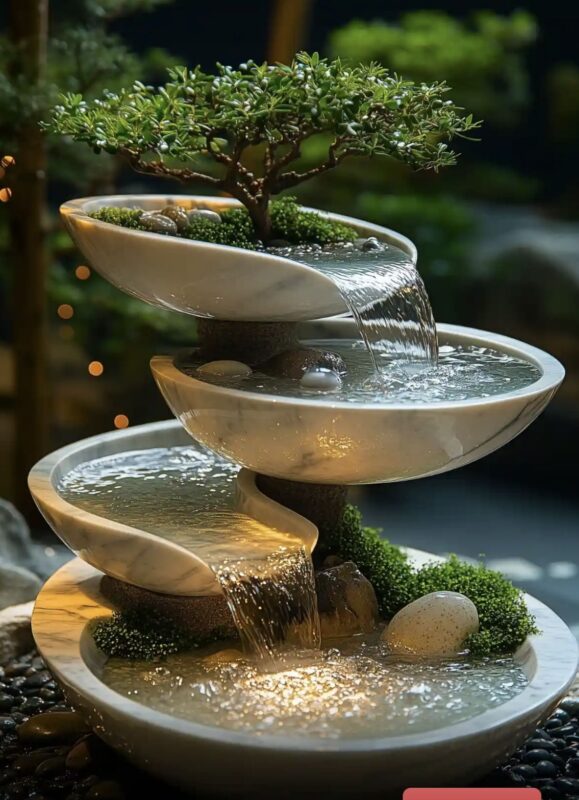 آبنما سنگی همراه با گیاهان طبیعی