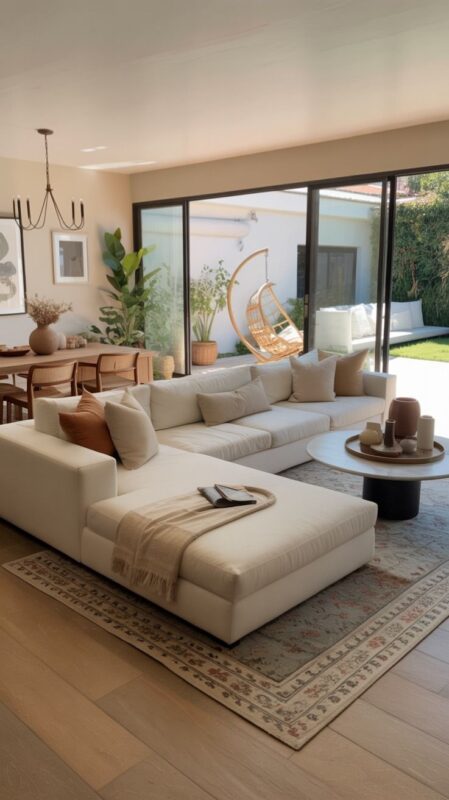 چیدمان مبل ال در اتاق نشیمن بزرگ